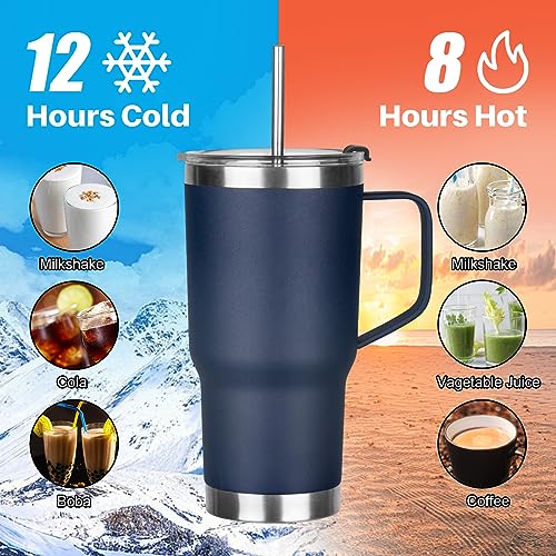 20 oz Tumbler with Handle, Stainless Steel Insulated Tumbler with Lid and Straw, Double Wall Vacuum Coffee Mug Tumbler, Insulated Coffee Thermal Cup for Cold and Hot (Navy Blue) - color: Navy Blue, size: 20 Ounces
