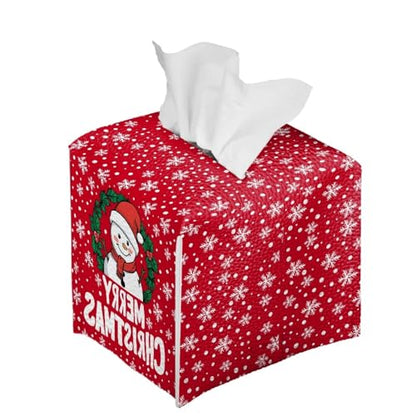 Snowman Tissue Box Cover PU Leather Facial Paper Holder Waterproof Napkin Organizer Dispenser for End Table,Office Desk, Nightstand, Merry Christmas, Red - color: Snowman Merry Christmas