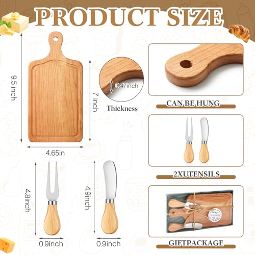 1 Set Bridal Baby Shower Cheese Prizes Wooden Square Board Gift Set Knives Forks Thank You Tags with Box for Guests for Valentines Bridal Baby Shower Housewarming (Cherry Wood) - color: Cherry Wood Color