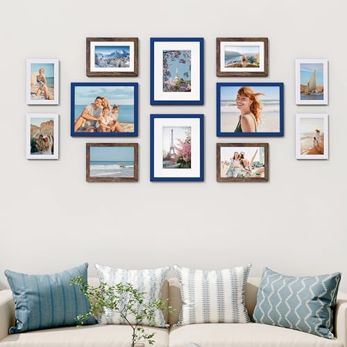 Vittanly 12 Pack Gallery Wall Frame Set, Black, Brown, White | Gallery Wall Frame Set: 4pcs 8x10, 4pcs 5x7 & 4pcs 4x6 Photos for Wall & Table, Picture Frames made of Engineered Wood - color: Blue & Brown & White