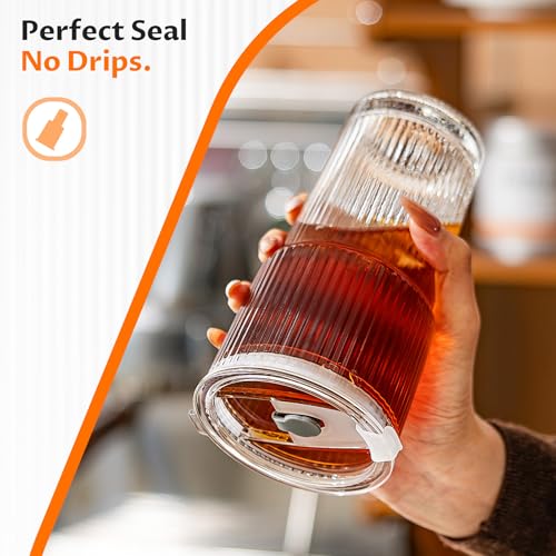 20oz Iced Coffee Cups with Lids, Glass Coffee Cups with Lids and Straws | Clear Reusable Drinkware, Secure Leak-Resistant Lids, Cup-Holder Friendly, Ideal for Iced Coffee, Tea, Juice and Smoothies - color: Clear - 4 pcs