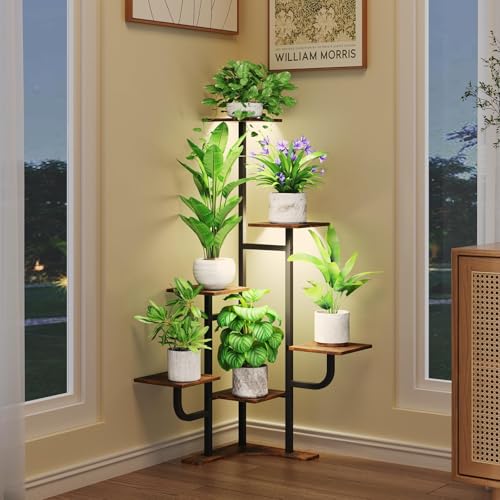 Corner Plant Stand with Grow Light - 6 Tier Plant Stand Indoor Square Metal Plant Shelf with Adjustable Light, Plant Organizer for Living Room, Graden, Home Decor, Brown - color: Square-Brown-with Lights