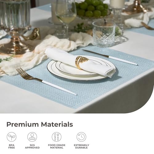 Leetaltree Woven Vinyl Placemats Set of 8, Mist Blue Sequin | Waterproof & Washable Dining Table Mats for Wedding, Anniversary, Daily Use, Hand-Cut, Easy to Clean - color: 00- Mist Blue Sequin, size: Set of 8