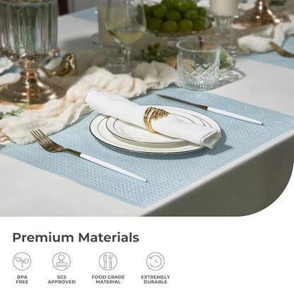 Leetaltree Woven Vinyl Placemats Set of 12, Mist Blue Sequin | Waterproof & Washable Dining Table Mats for Wedding, Anniversary, Daily Use, Hand-Cut, Easy to Clean - color: 00- Mist Blue Sequin, size: Set of 12