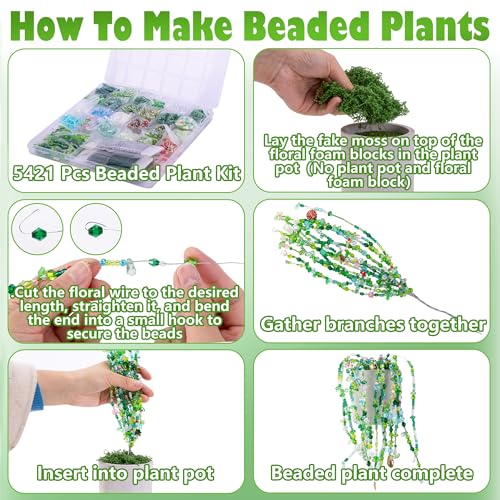 codree 5421 Pcs Beaded Plant Kit with Artificial Moss, Green Beads for Beaded Plants Making, Forever Plant Leaf Flower Green Glass Beads for Jewelry Making DIY Crafts Succulent Plants Lover - color: A Style