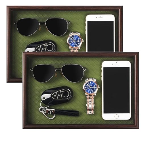 Wooden Valet Tray with Leather Base - Nightstand Catchall Organizer for Cologne, Perfume, Keys, Wallet, Phone, Watch, Jewelry & Sunglasses (2Pcs Green) - color: 2Pcs Green