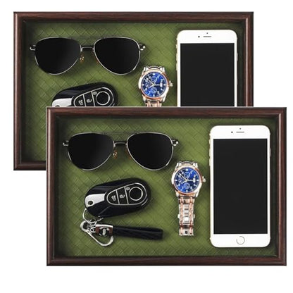 Wooden Valet Tray with Leather Base - Nightstand Catchall Organizer for Cologne, Perfume, Keys, Wallet, Phone, Watch, Jewelry & Sunglasses (2Pcs Green) - color: 2Pcs Green