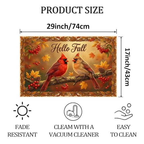 Cardinal Welcome Door Mat, Seasonal Rustic Leaves Berries Fall Brown Washable Low Profile Decorative Doormat for House Office Outside Inside Entrance Decor 29x17 Inch