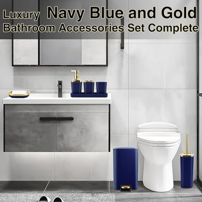 XLHOMO Navy Blue Bathroom Accessories Set 8 Piece Navy Blue and Gold Bathroom Set, Bathroom Sets with Stainless Steel Trash Can,Toilet Brush,Toothbrush Set,Soap Dispenser - size: Navy blue, style: Bath Set