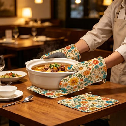 Retro 70s Boho Floral Oven Mitts and Pot Holders Sets of 4, Heat Resistant Silicone Oven Mitts Gloves Non-Slip Kitchen Mittens Potholders for Cooking Baking Grilling BBQ - color: Boho Floral