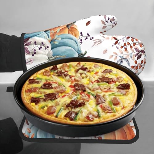 Giwawa Fall Orange Pumpkin Oven Mitt Potholders Sets Eucalyptus Leaves Heat Resistant Oven Glove Set of 2 Kitchen Hot Pads for Cooking Baking BBQ - color: Fall Orange Pumpkin