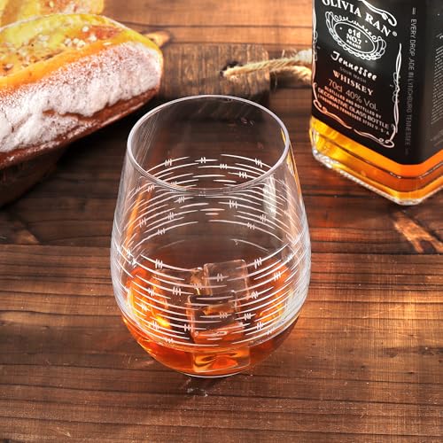 Joeyan Etched Stemless Wine Glasses,Hand Blown Drinking Glass Cups Wine Tumbler with Line Patterns,Carved Large Cocktail Whiskey Glasses,Gift for Party Wedding,4 Pack,17.5 oz,Dishwasher Safe - color: Geometry Theme
