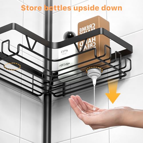 KEGII Corner Shower Caddy Tension Pole, 6-Tier Bathroom Organizer, Black | Floor to Ceiling Design with Rustproof Waterproof Finish, Adjustable 25-114.2 inch Pole for Shampoo, Towels and Essentials