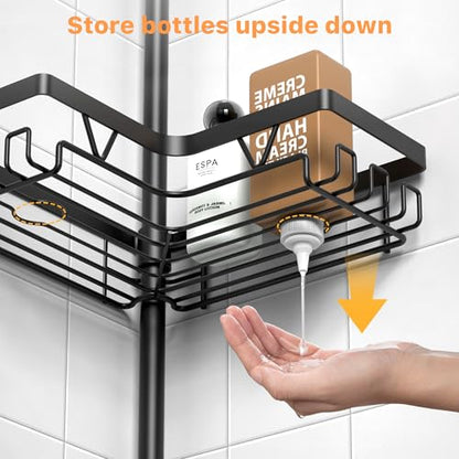KEGII Corner Shower Caddy Tension Pole, 6-Tier Bathroom Organizer, Black | Floor to Ceiling Design with Rustproof Waterproof Finish, Adjustable 25-114.2 inch Pole for Shampoo, Towels and Essentials