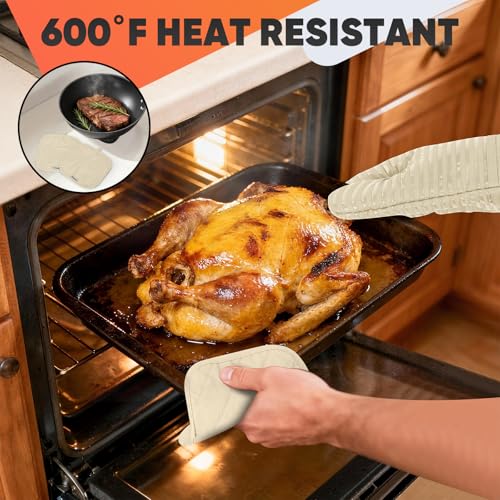 Oven Mitts Kitchen Towels and Dishcloths with Pot Holders Sets, Oven Gloves Hot Pads 500°F Heat Resistant with Silicone Grip, Include 2 Cooking Gloves/2 Potholders/4 Kitchen Towels/4 Dish Towels - color: Milkshake