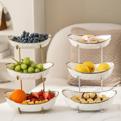 White Fruit Bowl with Gold Metal Stand, 3 Tier Modern Ceramic Fruit Bowl Fruit Rack for Kitchen Counter, Tiered Fruit Basket for Snacks Bread Candy Storage (White,3 Tier) - color: White A,3 Tier