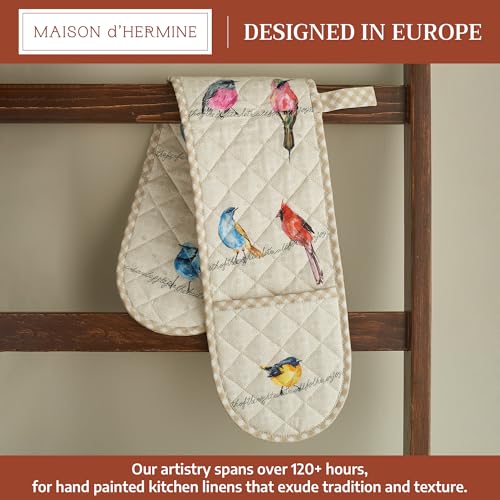 Maison d' Hermine Double Oven Mitts 100% Cotton Double Oven Glove (7"x35") | Heat Resistant BBQ Cooking Gloves with Loop Baking Grilling Kitchen Hotel Home Farmhouse Spring Summer - Birdies on Wire - color: 003 - Birdies on Wire, size: 7" x 35" (Double Ov