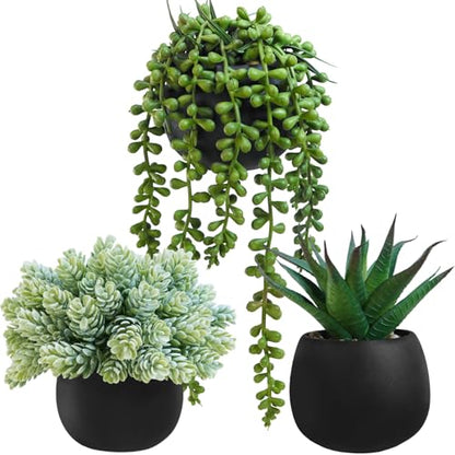 Winlyn Set of 3 Artificial Succulent Plants in Black Concrete Pots Faux Aloe Hops String of Pearls Potted Plants Small Fake Plants Desk Plants for Home Office Desk Kitchen Bathroom Shelf Windowsill - color: Black Pots