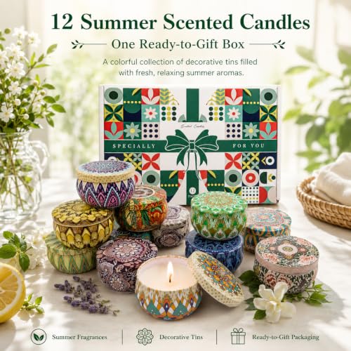 Scented Candles Gift Set, 12 Pack Soy Wax Aromatherapy Candles | 12 Summer Scents, Travel Tin Design, Gift Box Included, Home Fragrance, Spa Relaxation, Self Care, Birthday & Women Gifts - color: Scented Candles-12 Pack