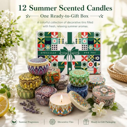 Scented Candles Gift Set, 12 Pack Soy Wax Aromatherapy Candles | 12 Summer Scents, Travel Tin Design, Gift Box Included, Home Fragrance, Spa Relaxation, Self Care, Birthday & Women Gifts - color: Scented Candles-12 Pack