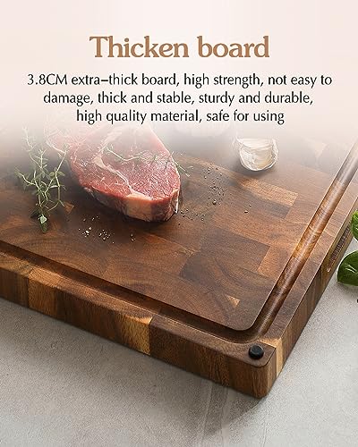 XINZUO Large Thick End Grain Acacia Wood Cutting Board- (19''L x 14''W x 1.5''T) Reversible Wooden Chopping Board with Non-Slip Feet, Built-in Handles and Juice Groove- Butcher Block Cutting Board - size: 19"L x 14"W
