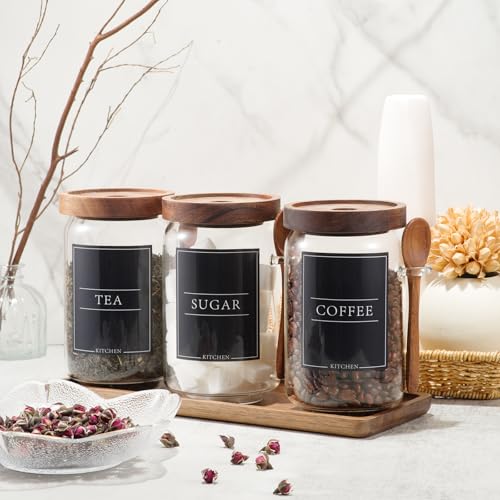 KOSKIMER Coffee and Sugar Container Set, Glass Coffee Jars with Wooden Lids | Decorative Sugar Tea Creamer Canisters for Kitchen Countertop, Small Sugar Container with Spoon for Coffee Bar (25oz)