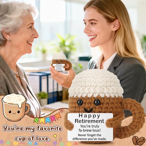 Xinezaa Mini Coffee Retirement Gifts for Women Men Coworker Boss | Gifts for Teacher Nurse Coach Manager Friend, Funny Handmade Crochet, Appreciation Farewell Going Away Leaving Christmas Gift - style: Happy retire