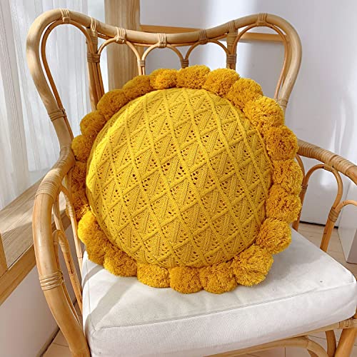 IXITON Round Creative Knitting Pompoms Pillow Sunflower Pillow Decorative Cushion Throw Pillow with Insert Plush Pillow for Couch Sofa Bed, 20 Inch (Light Yellow) - color: Light Yellow