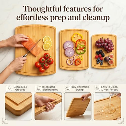 Bamboo Cutting Boards for Kitchen, Non Toxic Wooden Chopping Board Meat Set | Deep Juice Groove, Knife-Friendly, Reversible Butcher Block, Side Handles, Serving, Food Prep, Vegetable, Fruit, Meat, Cheese - size: 3-Piece