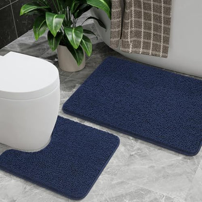 Bathroom Rug Sets 2 Piece, 20"x20" U-Shaped & 21"×34", Navy Blue | Toilet Mat Non Slip Bath Mats Floor Set, Washable Bath Rug Set, Absorbent Soft Bathroom Rug - color: Navy Blue