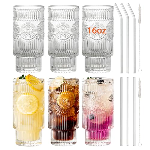 SoulTimes 6 Pack Large 16oz Ribbed Glassware Set, With Glass Straws Stackable Glass Cups, Vintage Textured Clear Striped Drinking Glasses Set, for Bar Beverages,Juice,Water,Cocktail,Iced Coffee - color: 6 pcs-16 oz
