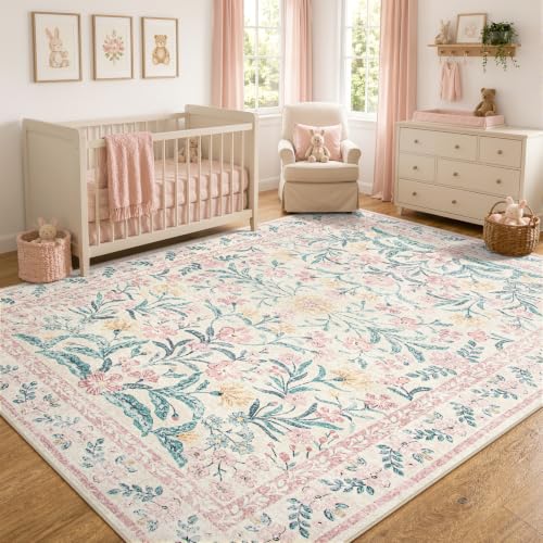 Wonnitar Floral Large Rugs for Living Room, Soft Light Pink Rug Washable 9x12 Carpet Non Slip, Boho Foldable Non-Shedding Kids Carpet for Bedroom Girls Nursery Dorm Playroom - color: Pink, size: 9' x 12' (Rectangular)