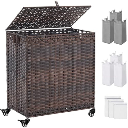 Laundry Hamper with Wheels&Lid, 50.2 Gallons(190L) Rolling Laundry Basket with Wheels, 3-Section Laundry Hamper, Handwoven Rattan Clothes Hamper with 6 Removable Liner& 3 Mesh Laundry Bags, Brown - color: Brown