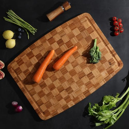Extra Large Bamboo Wooden Cutting Board Wood Cutting Boards for Kitchen | Heavy Duty, End Grain, Non Toxic, Non Slip, Cutting Board Set, Solid Thick, Juice Groove, Butcher Block, Best Kitchen Gift - size: 23.5"L x 18"W