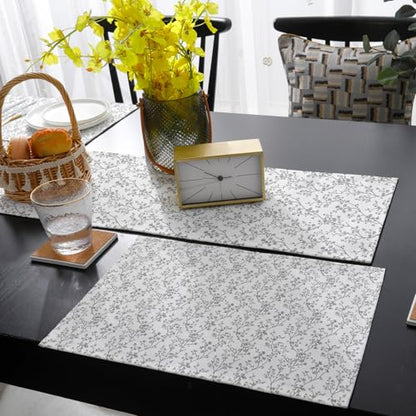 Table Runner and Placemats Set of 6 Flower Decorative Dining Table Runner with Matching Placemats Floral Tree Branch Gray Table Decor for Kitchen Dining Room and Everyday Use 13x90in - size: 13"x90"+6pcs