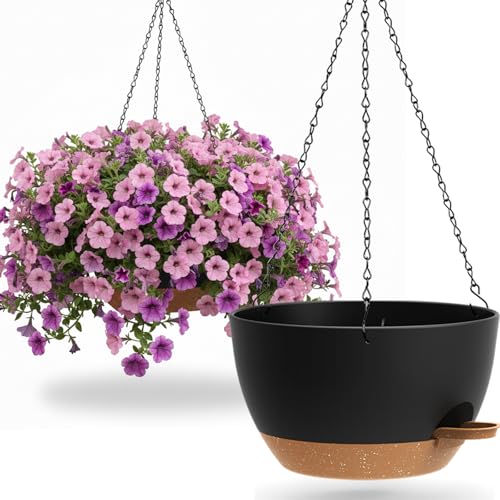 UOUZ 13 Inch 2 Pack Large Self Watering Hanging Planters for Indoor Outdoor Plants, Hanging Plant Pots with Removable 50 Oz Reservoir, Plastic Hanging Basket for Window Porch Garden, Black with Brown - color: Black With Brown