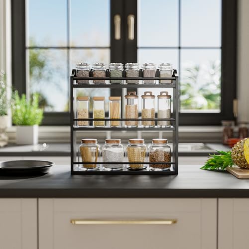 STELLSTAR Bamboo Spice Rack Wall Mount or Tabletop Holder, 3-Tier Shelf for Seasoning Bottles Organizer, Medicine Holder (Black) - color: Black