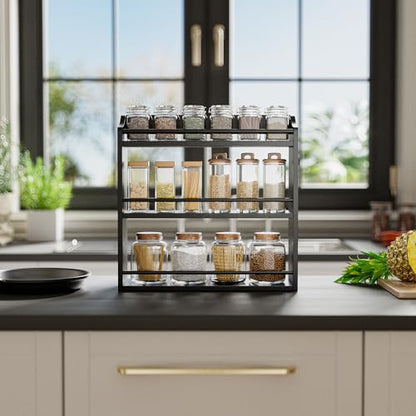 STELLSTAR Bamboo Spice Rack Wall Mount or Tabletop Holder, 3-Tier Shelf for Seasoning Bottles Organizer, Medicine Holder (Black) - color: Black