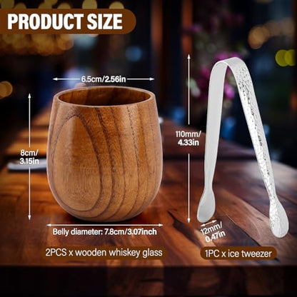 Wooden Bourbon Glasses Set, 2pack Old Fashioned Whiskey Charred Tumbler with Ice Tweezer, Drinking Glass Set Birthday Whiskey Gifts for Men, Dad or Brother Bourbon Lovers, 9oz