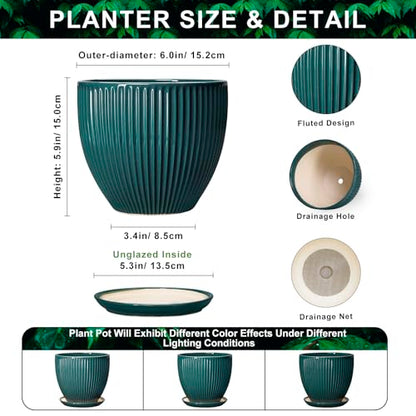 Ceramic Flower Pots, 6 Inch Planters with Drainage Hole and Saucer, Decorative Round Plant Pots for Indoor Plants, Modern Succulent Pot, Office Bedroom Decor, Plant Lover Gifts, Blackish Green - size: 6 Inch, style: Blackish Green