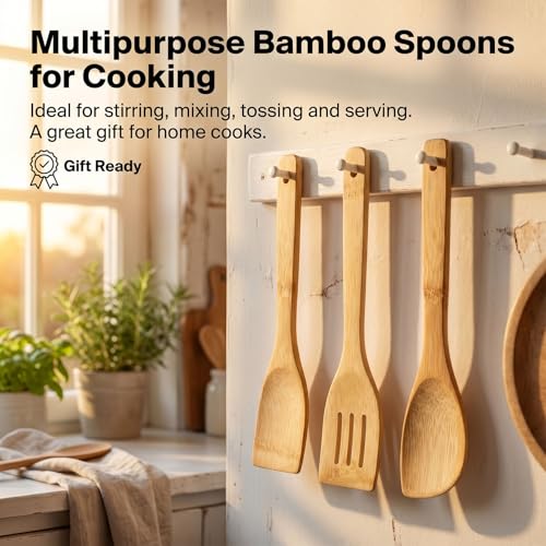 HANSGO Bamboo Wooden Spoons for Cooking, 6PCS Non-Stick Kitchen Utensils Set, Natural and Durable Wooden Spatula for Nonstick Cookware, Apartment Essentials