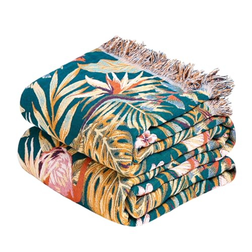 Boho Throw Blanket 50x60 Inches - 100% Cotton Soft Throws Summer | Breathable Lightweight for Sofa Couch, Jungle Leaves Jacquard Blanket, Living Room Decor, Cozy Muslin, All Seasons for Adults - color: Flaming Feather Jungle, size: (50"x60")Throw