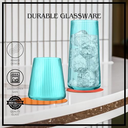 ARTLAND Soho Optic 14.5 oz Double Old Fashion & 17.5oz Highball Glasses (8-Piece Set) - Modern Design Barware Glasses - Elegant Durable & Stylish Bar Glassware Essential, Dishwasher Safe (Turquoise) - color: Light Turquoise, style: Highball & DOF (8-Piece