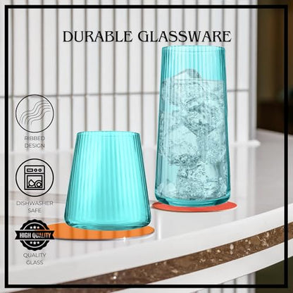ARTLAND Soho Optic 14.5 oz Double Old Fashion & 17.5oz Highball Glasses (8-Piece Set) - Modern Design Barware Glasses - Elegant Durable & Stylish Bar Glassware Essential, Dishwasher Safe (Turquoise) - color: Light Turquoise, style: Highball & DOF (8-Piece