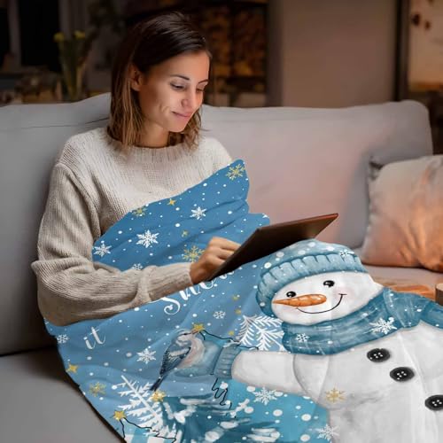 Blue Snowman Throw Blanket, Let Snow Christmas Super Soft Warm Flannel Blankets for Bed Couch Sofa Pine Trees Bird Winter Snow Scene Animal Lightweight Fluffy Plush Bed Throws 50x60 Inch - color: Blue White, size: 50''x60''