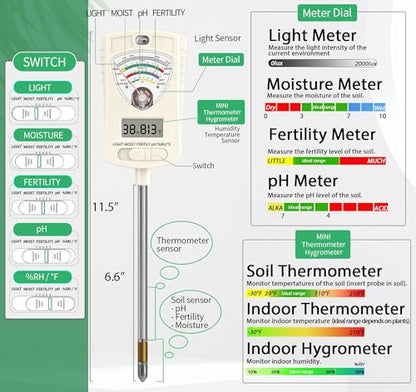 Soil Moisture Meter, 7-in-1 Soil Test Kit with Moisture/pH/Temperature/Sunlight/Air Humidity/Fertility, Soil Tester for Farming, Plants Gardening, Lawn, Gardening and Outdoor Plants