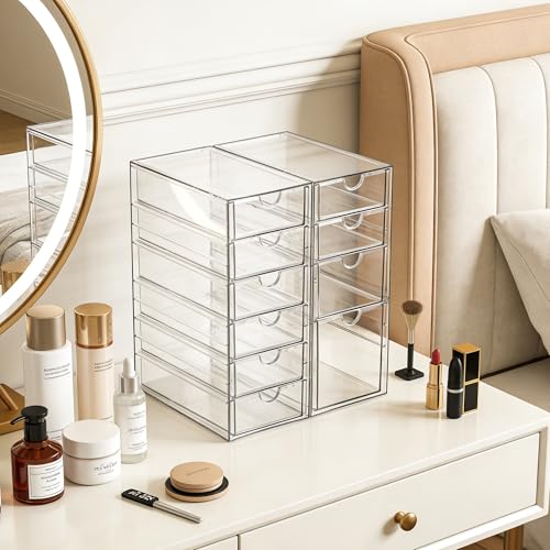 Prsildan Hair Accessories Organizer Acrylic Drawer with 10 Drawers | Clear, Craft Art Supply Storage, For Office Desk Bathroom Vanity Countertop, Set of 2 - size: 10 Drawers
