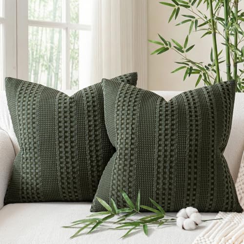 a moment 2 Pack Bamboo Fiber Pillow Covers - Waffle Weave, Ultra Soft & Breathable, Skin-Friendly Cotton Throw Pillow for Couch, Sofa, Bedroom Living Room 18x18 Inch Olive Green - color: Olive Green, size: 18" x 18" (Pack of 2)