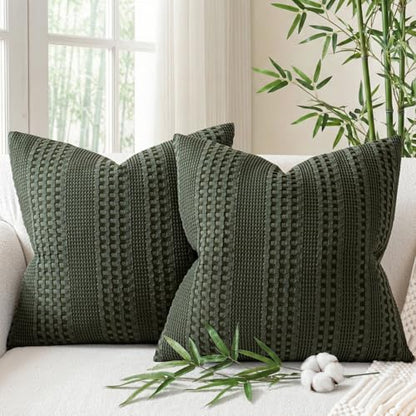 a moment 2 Pack Bamboo Fiber Pillow Covers - Waffle Weave, Ultra Soft & Breathable, Skin-Friendly Cotton Throw Pillow for Couch, Sofa, Bedroom Living Room 20x20 Inch Olive Green - color: Olive Green, size: 20" x 20" (Pack of 2)