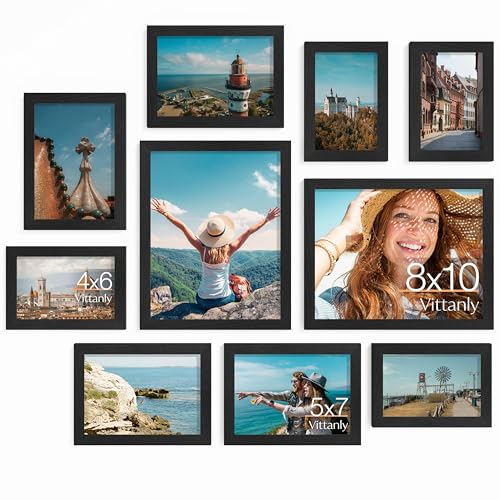 Vittanly 10 Pack Picture Frames Collage Wall Decor, Black | Gallery Wall Frame Set: 2pcs 8x10, 4pcs 5x7 & 4pcs 4x6 Photos for Wall & Table, Picture Frames made of Engineered Wood - color: Black